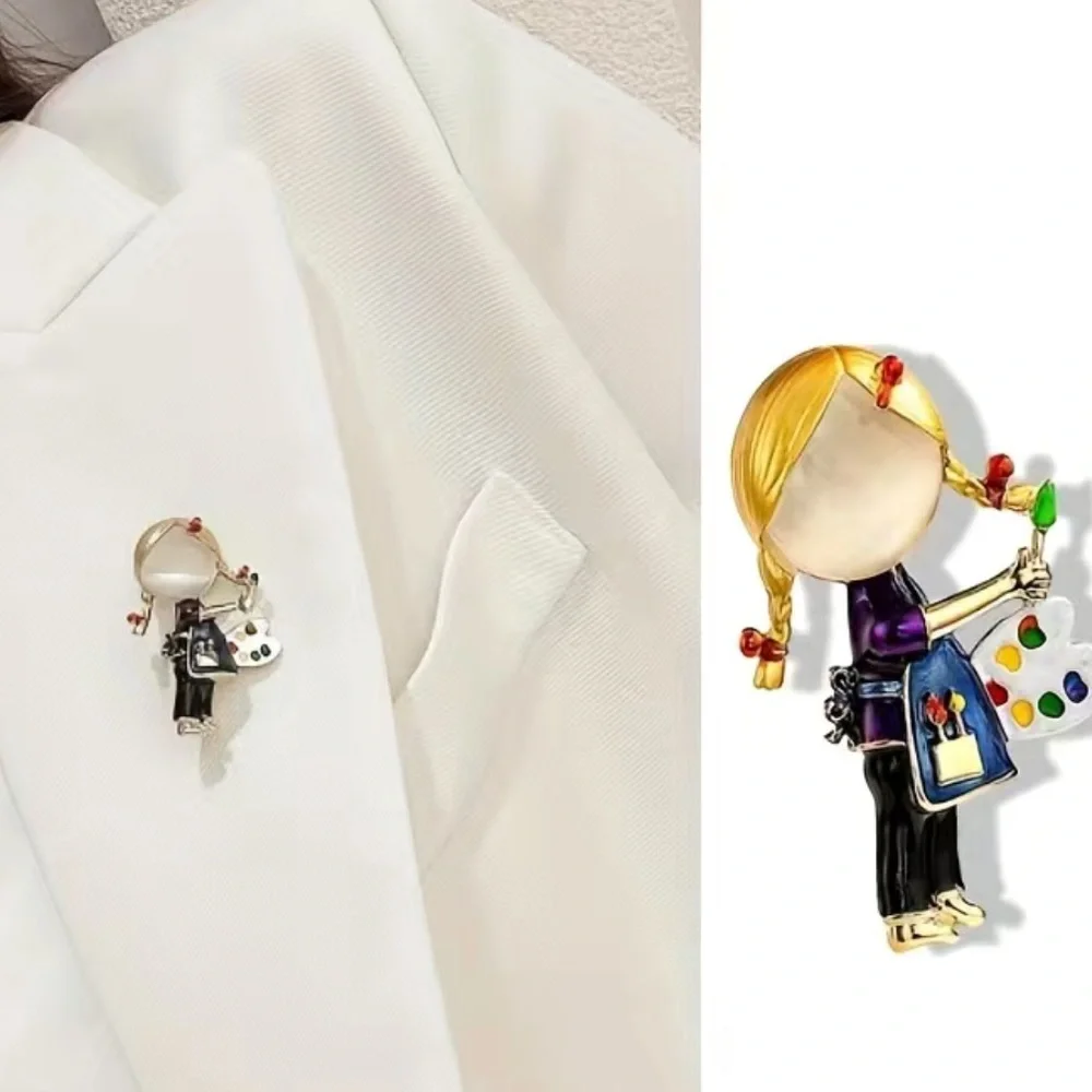 1pc Cartoon Paiting Art Little Girl Enamel Brooch, For‎ Backpack Clothes Hats